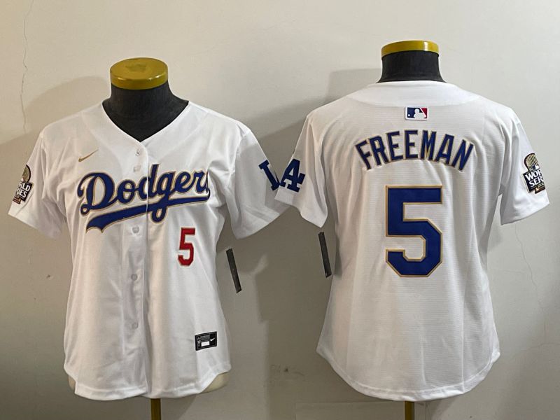 Women Los Angeles Dodgers #5 Freeman White Gold Game 2024 Nike MLB Jersey style 1202->women mlb jersey->Women Jersey